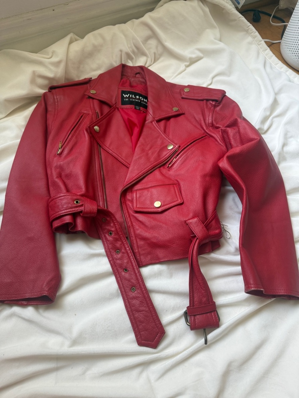 Wilson Red Cropped Leather Moto Jacket with Belted Waist
